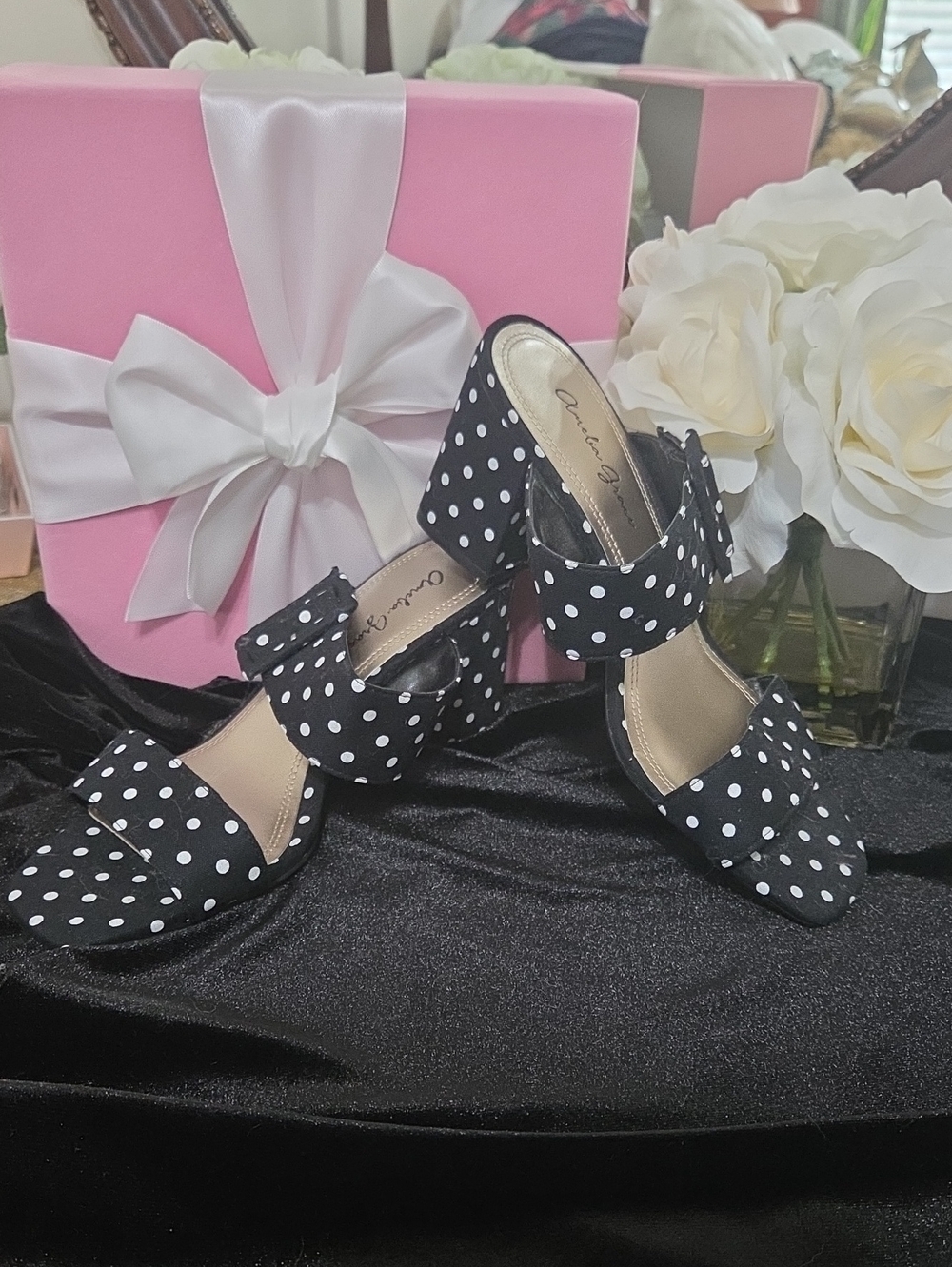 Polka Dot Block Heel Sandals - Black/White byAmelia Grace SIZE 8